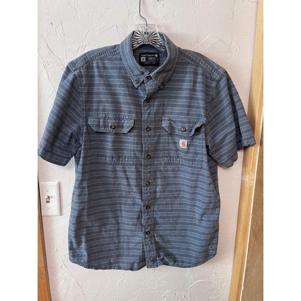 Carhartt Mens Loose‎ Fit Short Sleeve Striped Button Down Shirt Blue Gray M